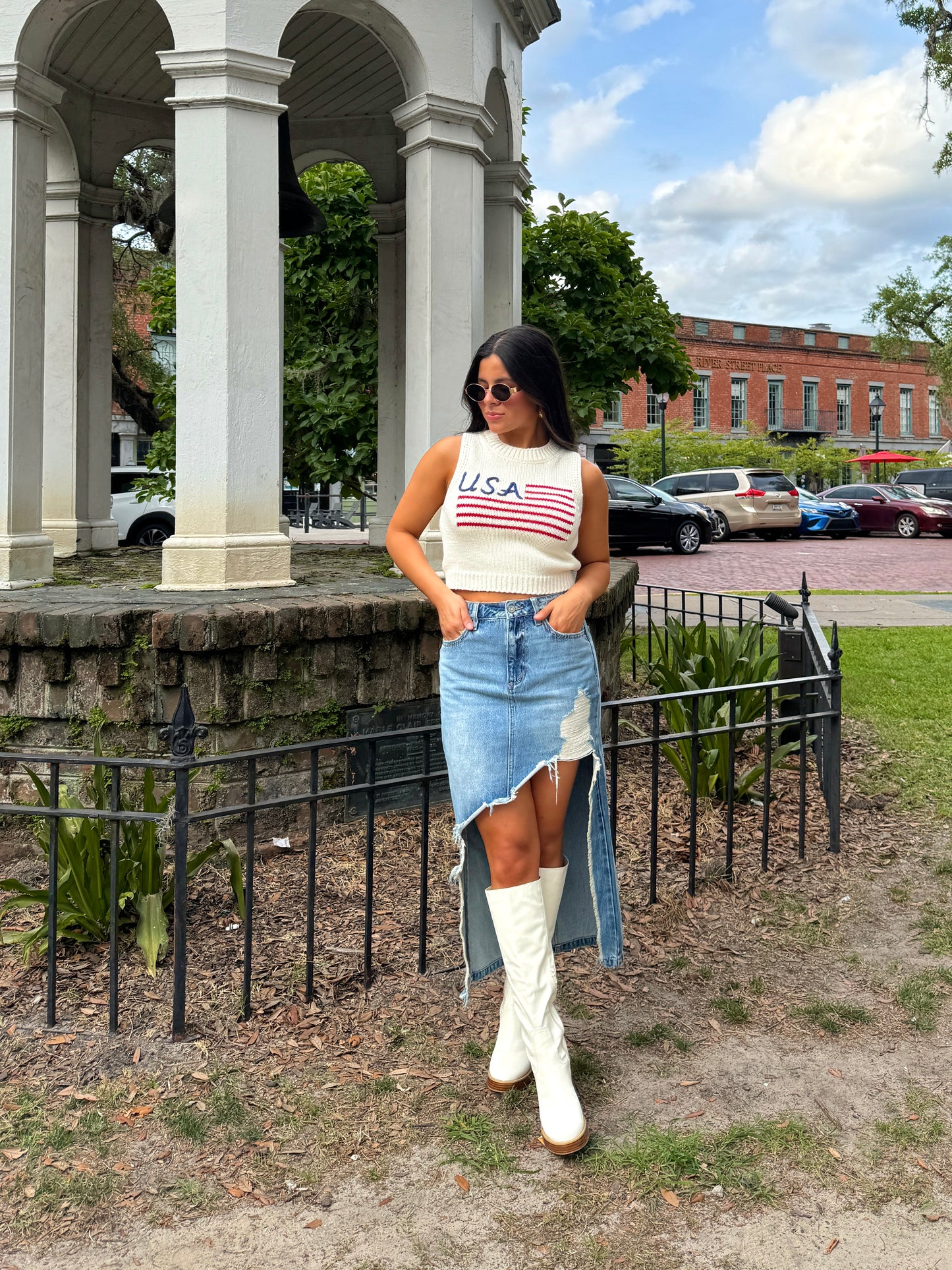 High-Low Distressed Denim Skirt