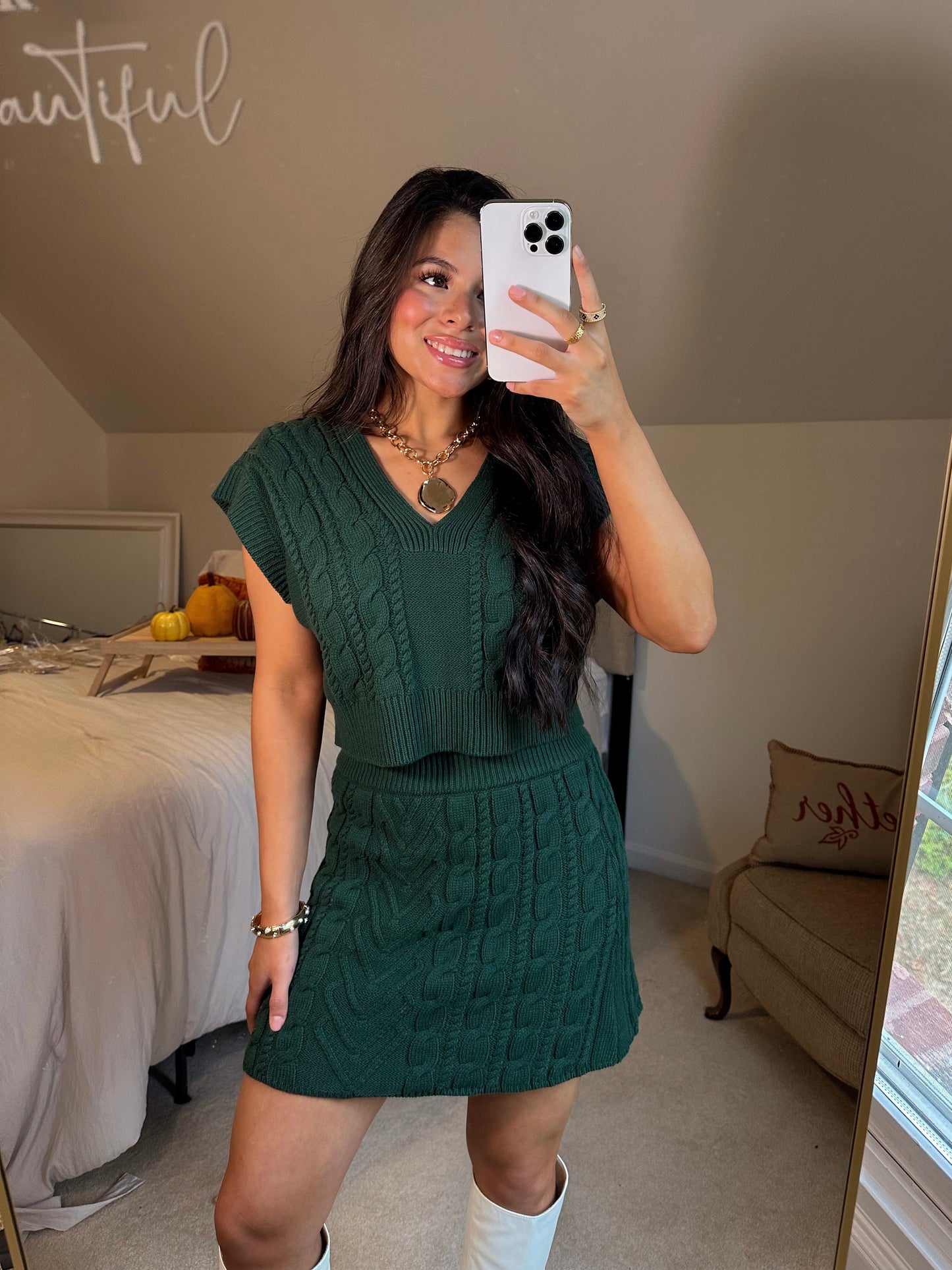 Dark Green Cable Knit Vest & Skirt Set