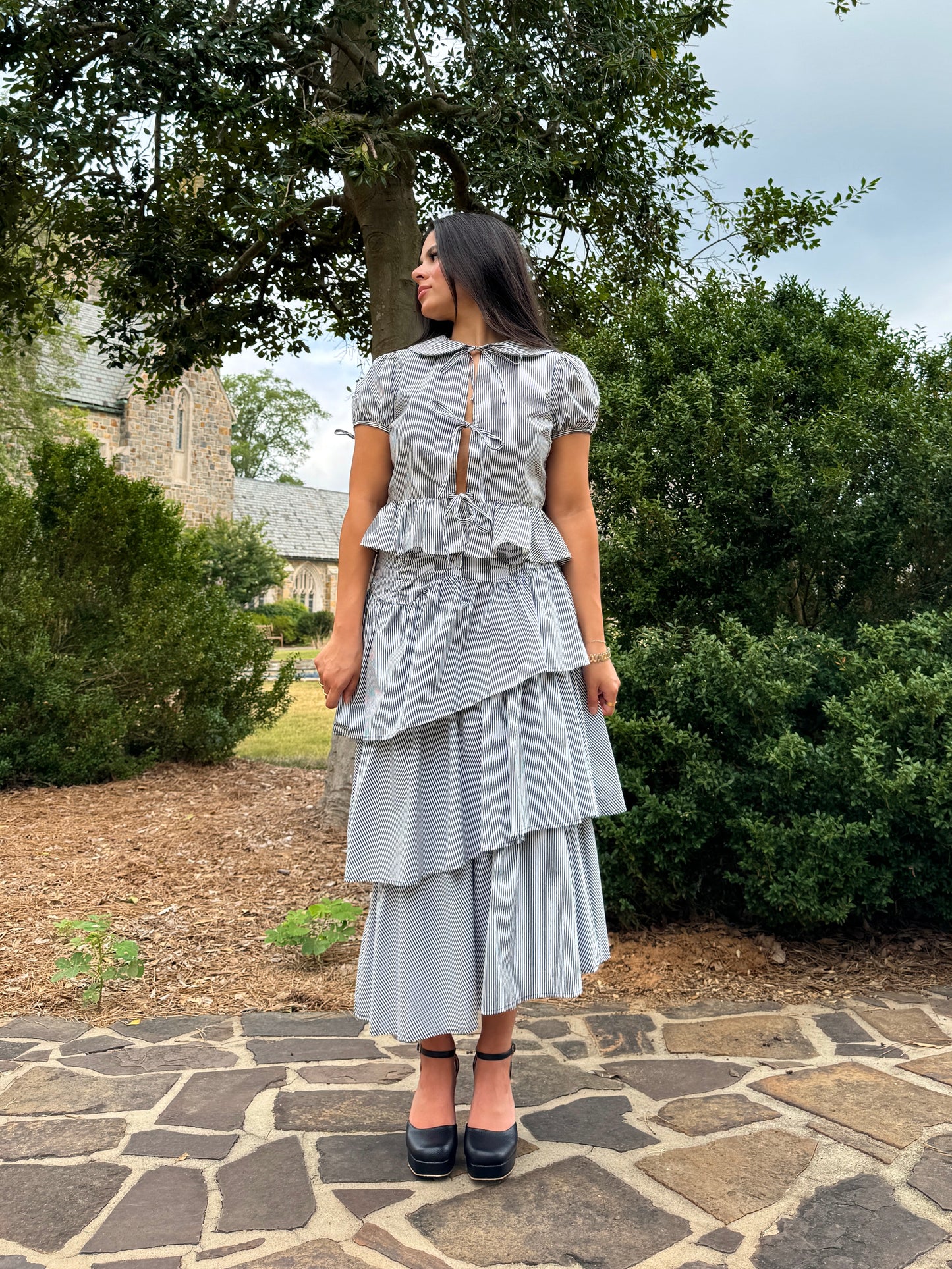 Black & White Striped Ruched-Waist Tiered Skirt