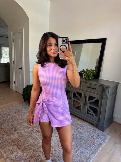 Purple Gingham Wrap Active Romper Dress