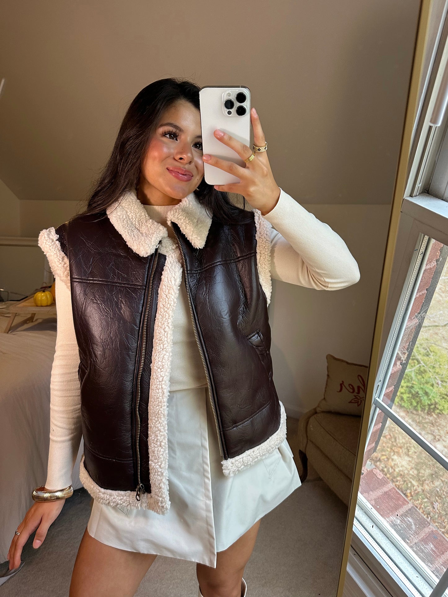 Brown Leather Sherpa Zip-Up Vest