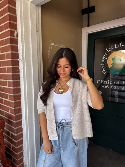 Oatmeal Button Up Short Sleeve Cardigan