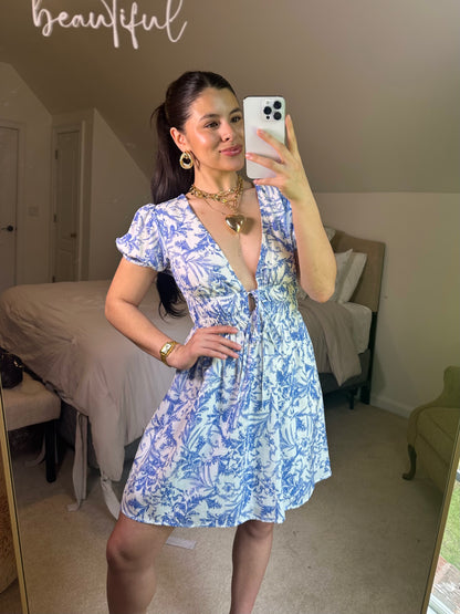 Blue Vines Plunge Neckline Mini Dress