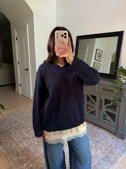 Navy Lace Trim Sweater