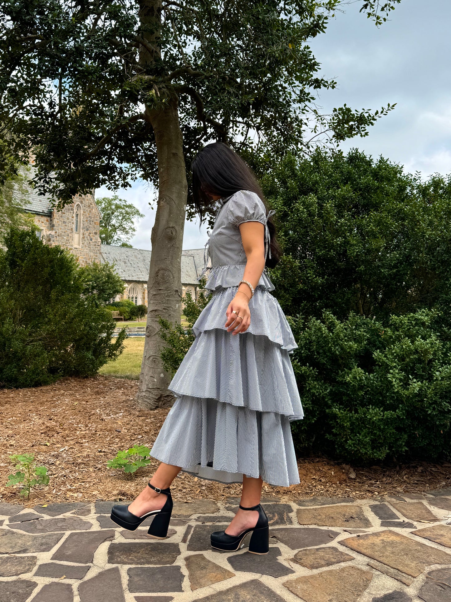 Black & White Striped Ruched-Waist Tiered Skirt