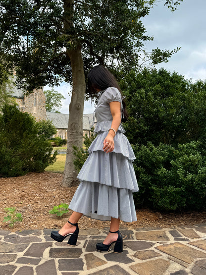 Black & White Striped Ruched-Waist Tiered Skirt