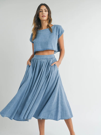 Denim Top and Poplin Pleated Skirt Set