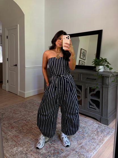 Around Town Striped Navy Jumpsuit