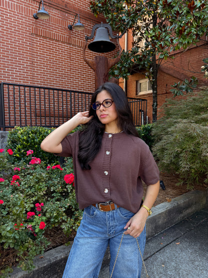 Chocolate Short Sleeve Button Up Cardigan