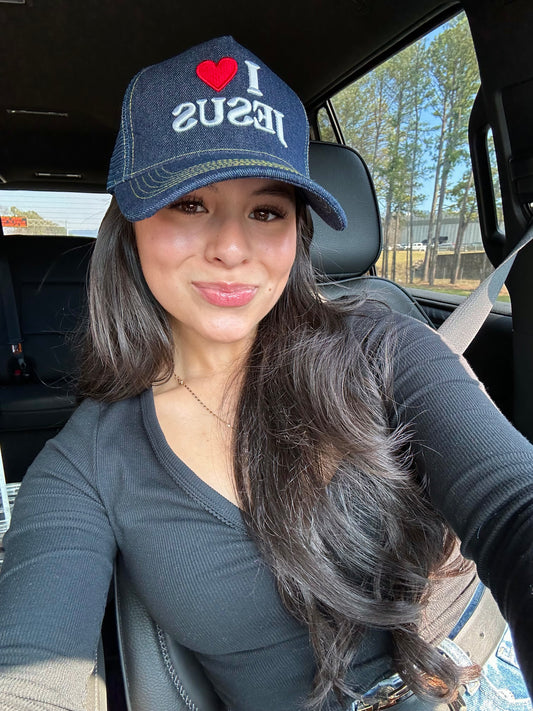 ‘I ❤️ Jesus’ Denim Embroidered Trucker Hat