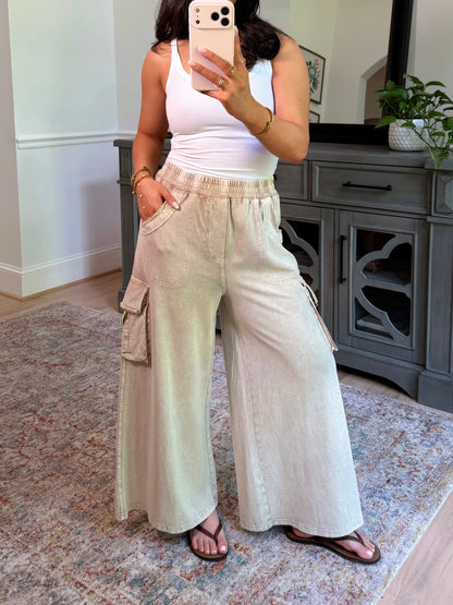Mushroom Cargo Cropped Wide Leg Pants