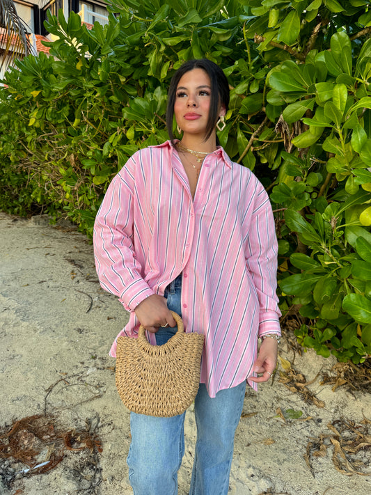 Pink Striped Button Up Top