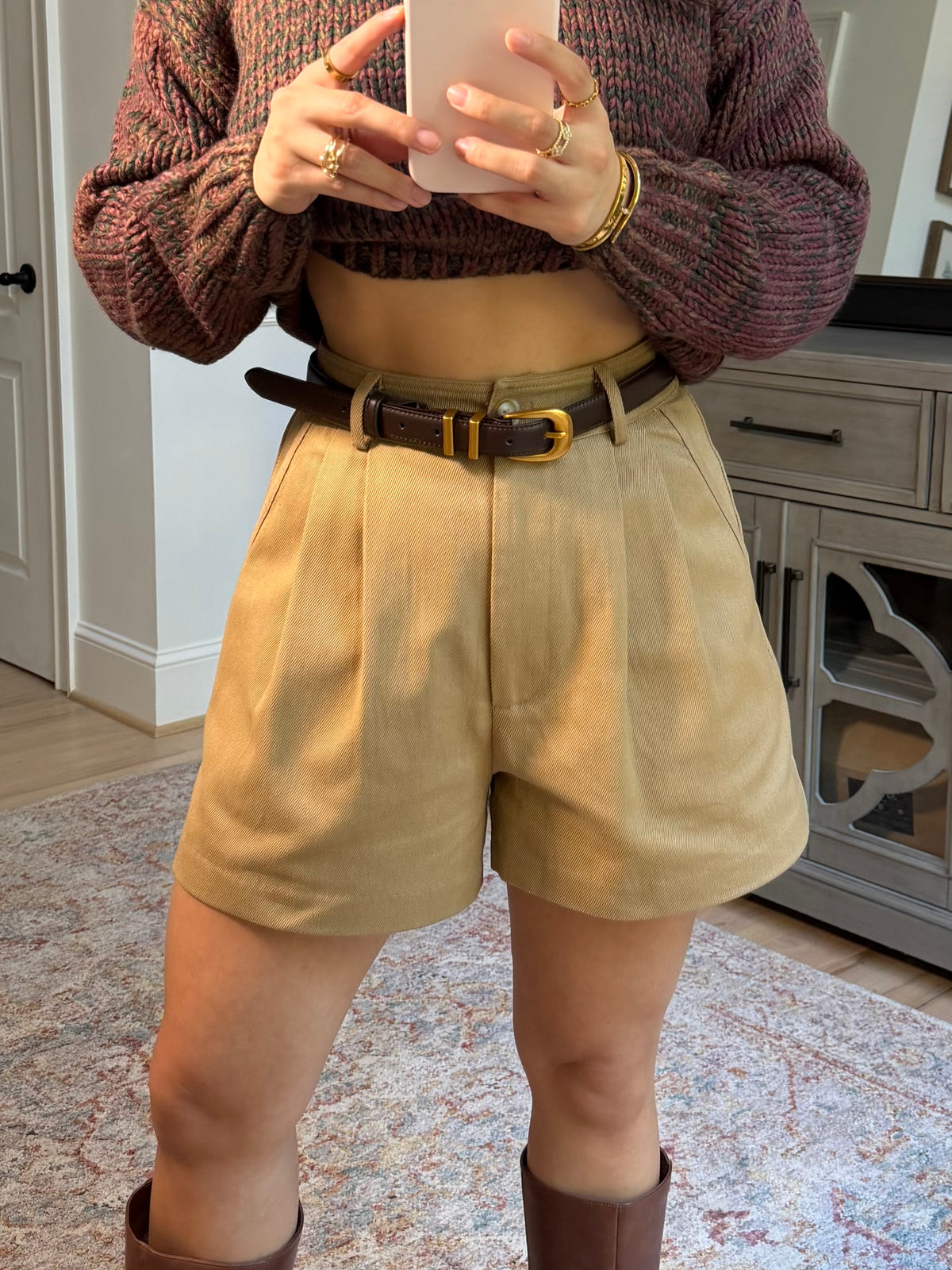 Khaki Pleated Tailored Shorts