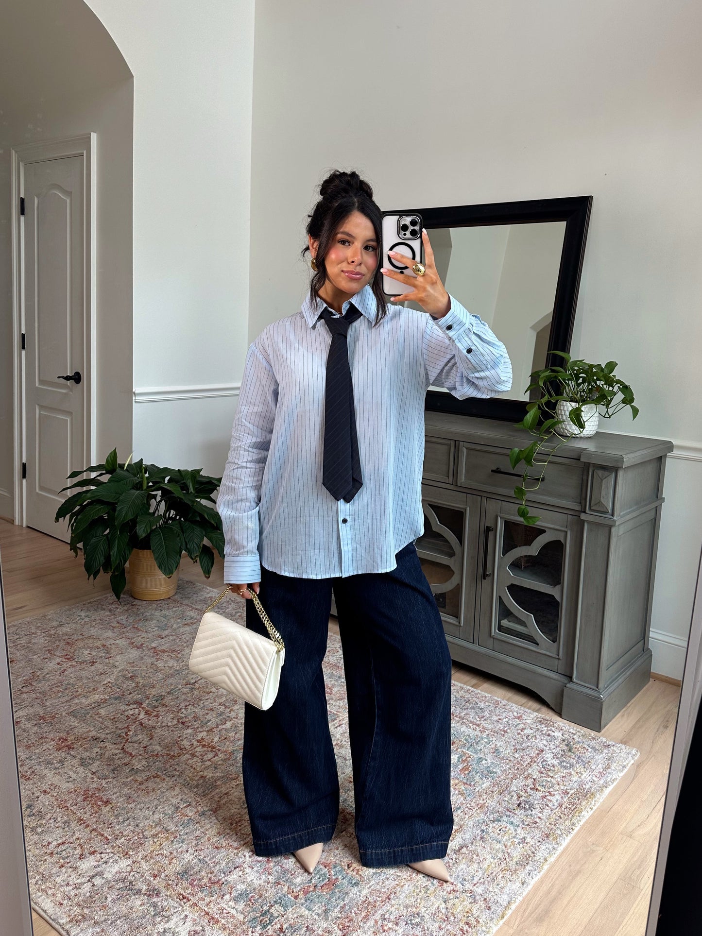 Power & Poise Pinstripe Blouse W/ Tie