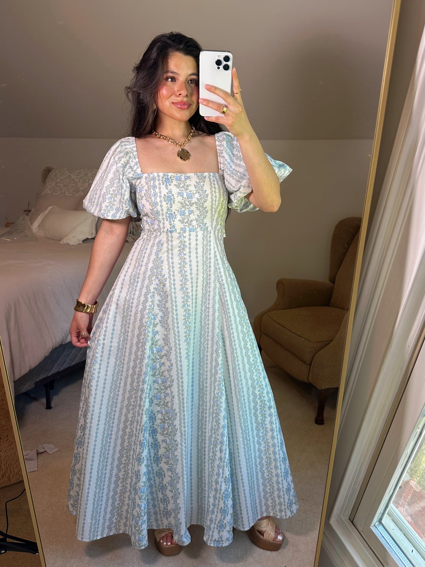 Blue Florals Puff Sleeve Maxi Dress