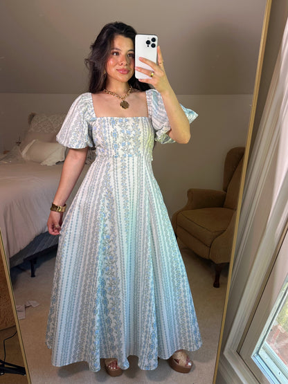 Blue Florals Puff Sleeve Maxi Dress