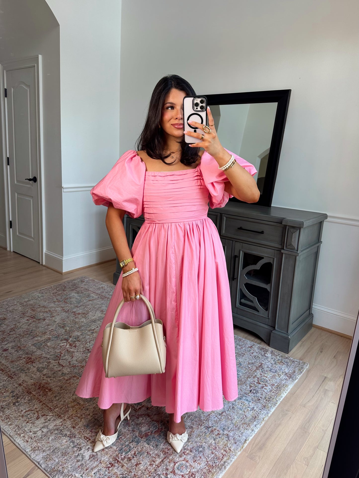 Pink Tulip Puff Sleeve Midi Dress