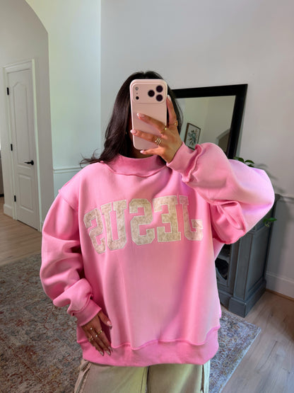 ‘JESUS’ Camo Embroidered Pink Mockneck