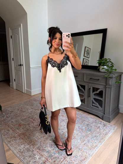 Sweet Escape Pleather Lace Dress (White/Black)