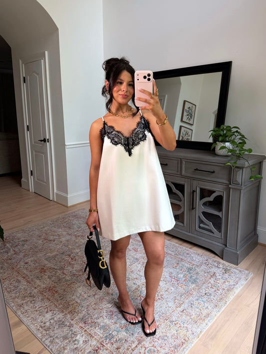 Sweet Escape Pleather Lace Dress (White/Black)
