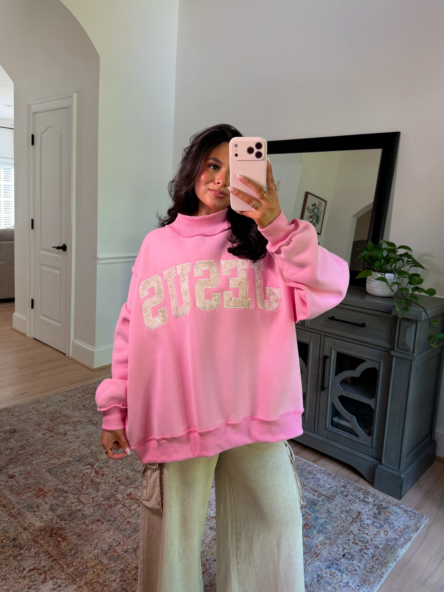 ‘JESUS’ Camo Embroidered Pink Mockneck