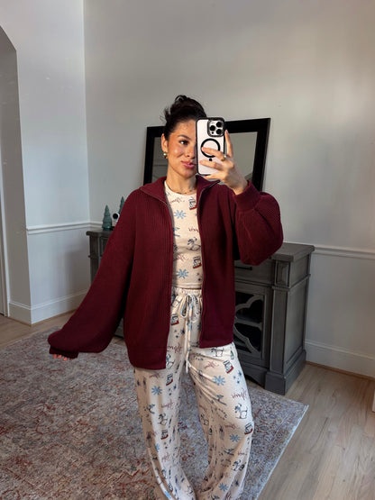 Burgundy Knit Zip Up Sweater