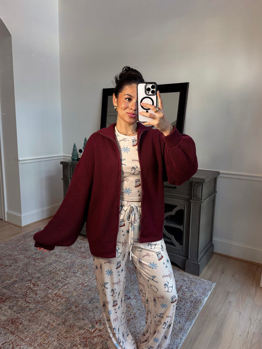 Burgundy Knit Zip Up Sweater