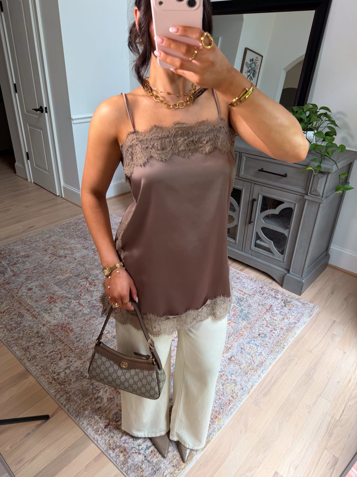 Olive Mocha Lace Satin Top