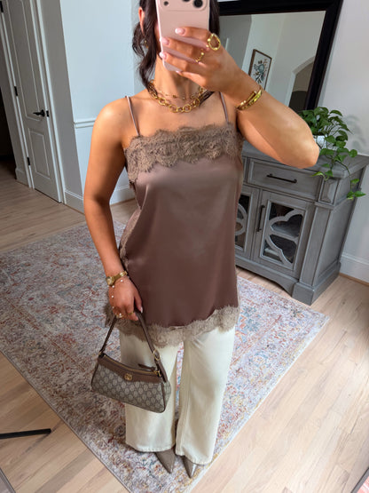 Olive Mocha Lace Satin Top