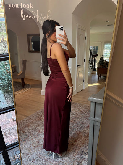 Burgundy Satin Top & Skirt Set