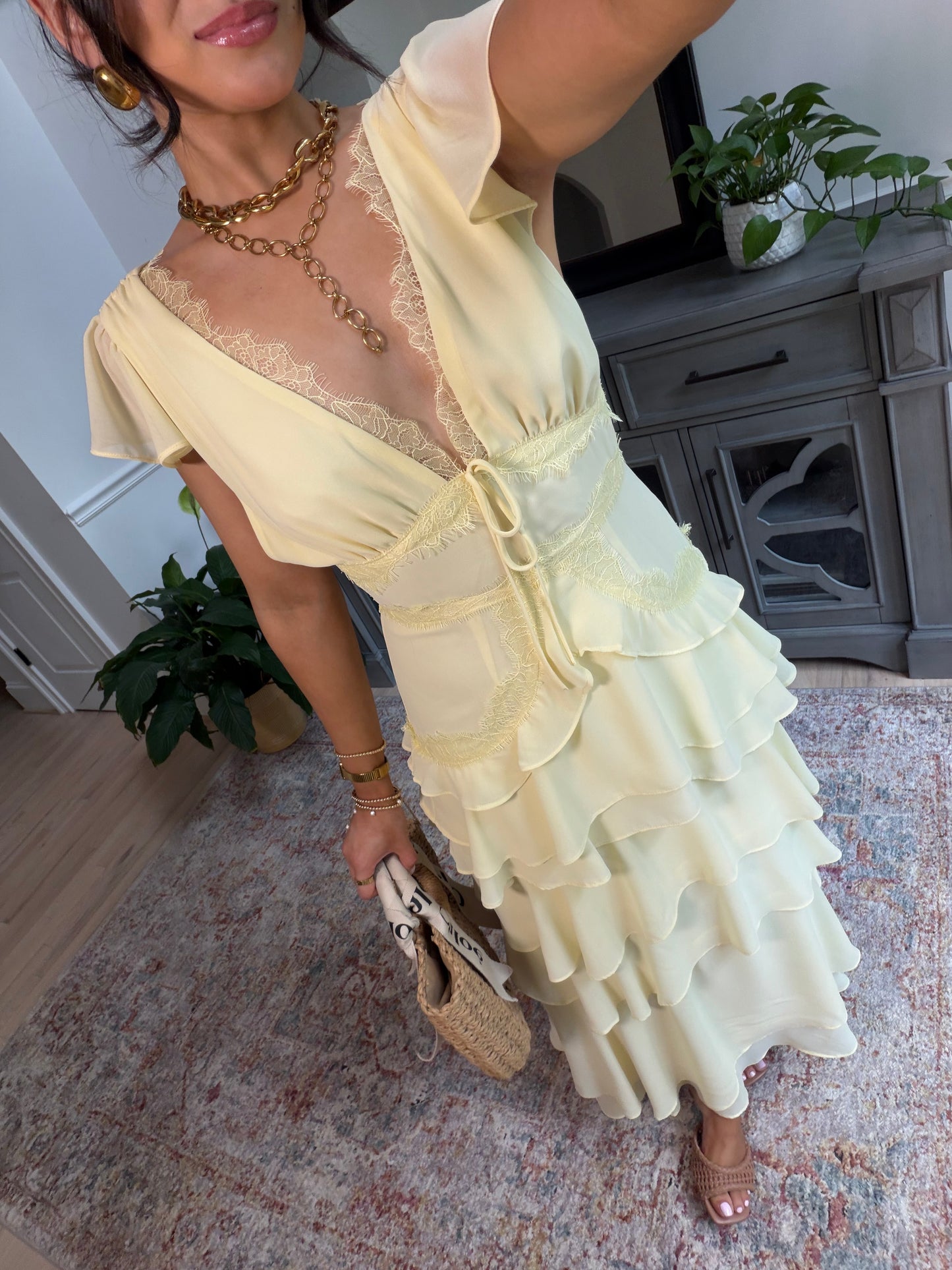 Whimsical Lace Yellow Midi Dress