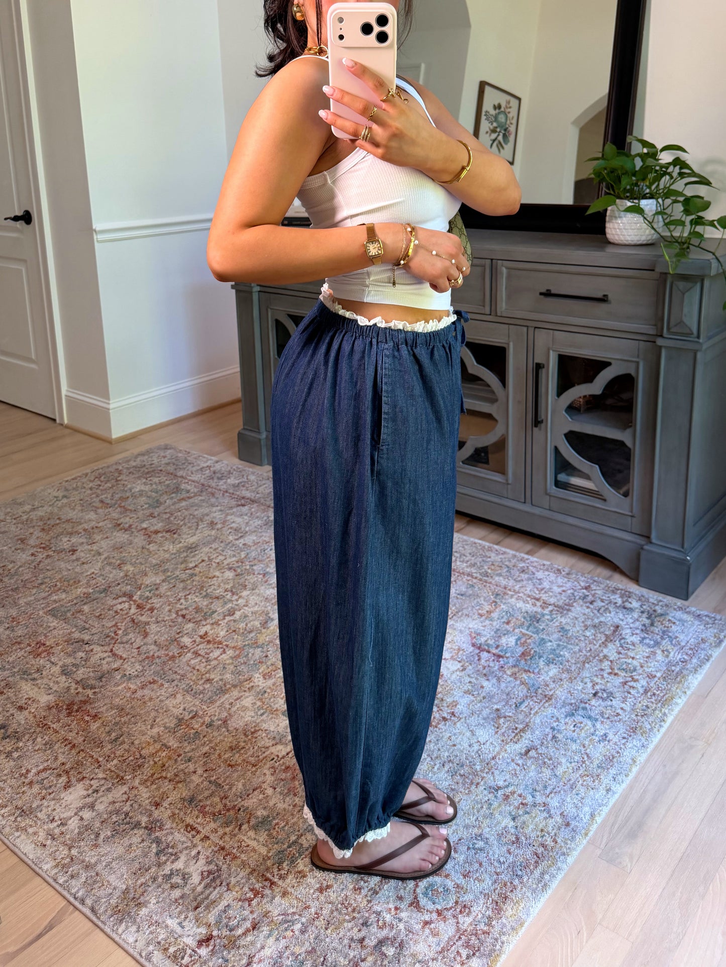 Chic Ease Denim Lace-Trim Pants