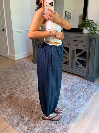 Chic Ease Denim Lace-Trim Pants