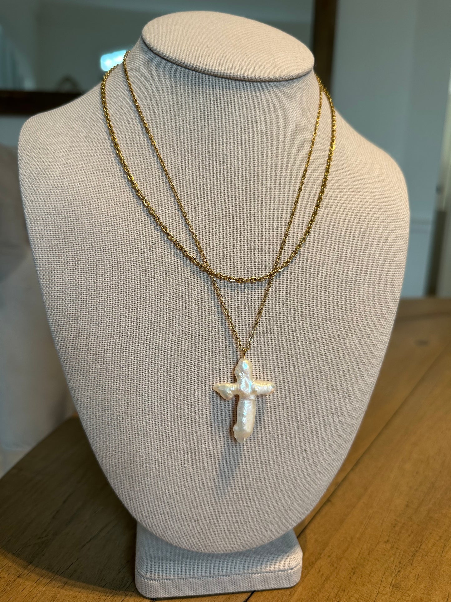 Pearl Cross Layered Necklace (Water Resistant