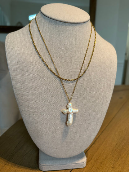 Pearl Cross Layered Necklace (Water Resistant