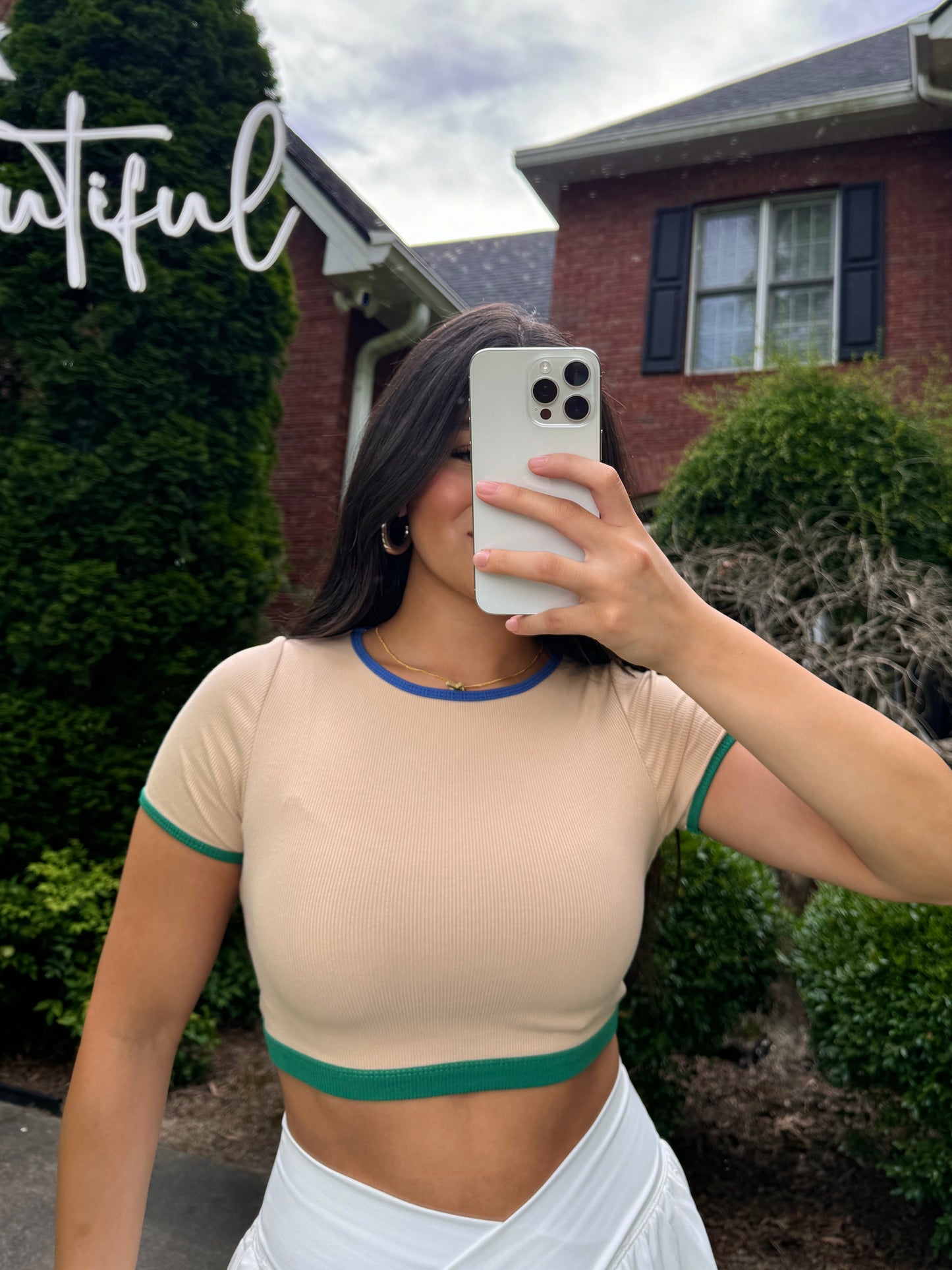 Tan Green & Blue Contrast Cropped Tee