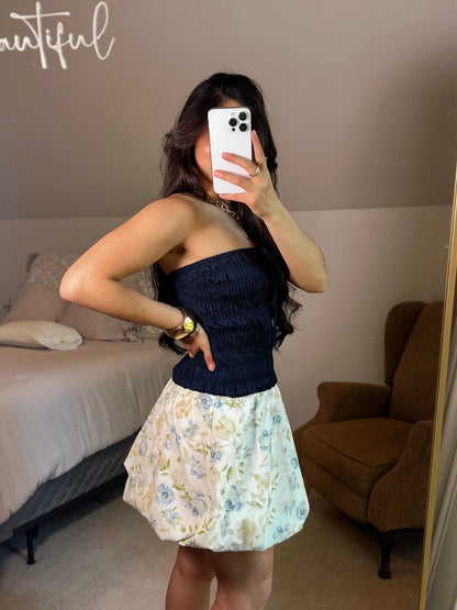 Cool Toned Floral Bubble Hem Mini Dress