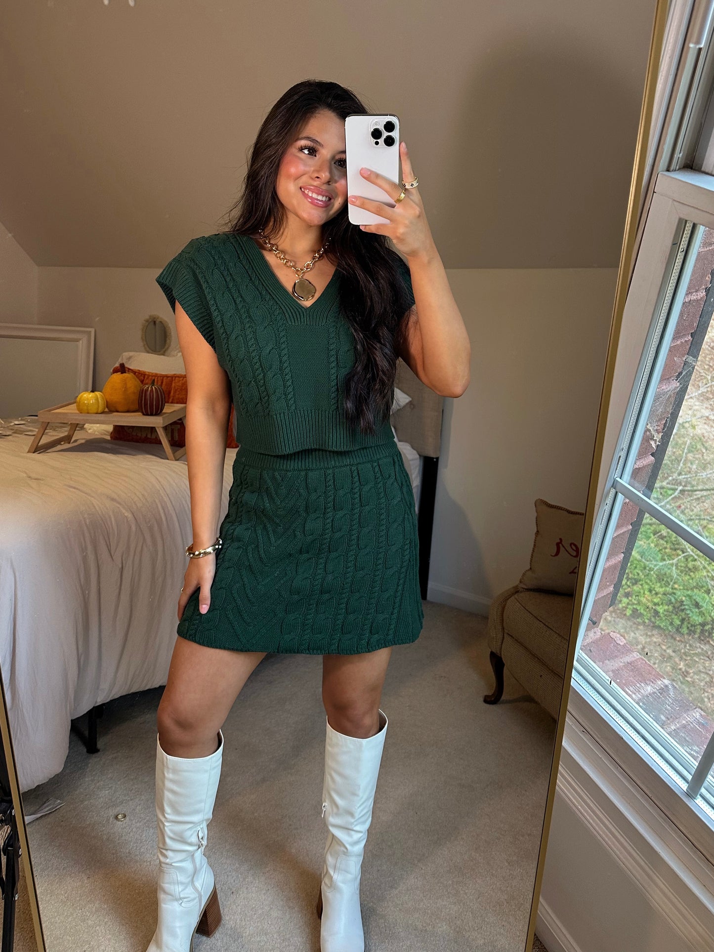 Dark Green Cable Knit Vest & Skirt Set