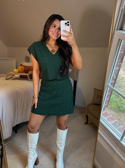 Dark Green Cable Knit Vest & Skirt Set