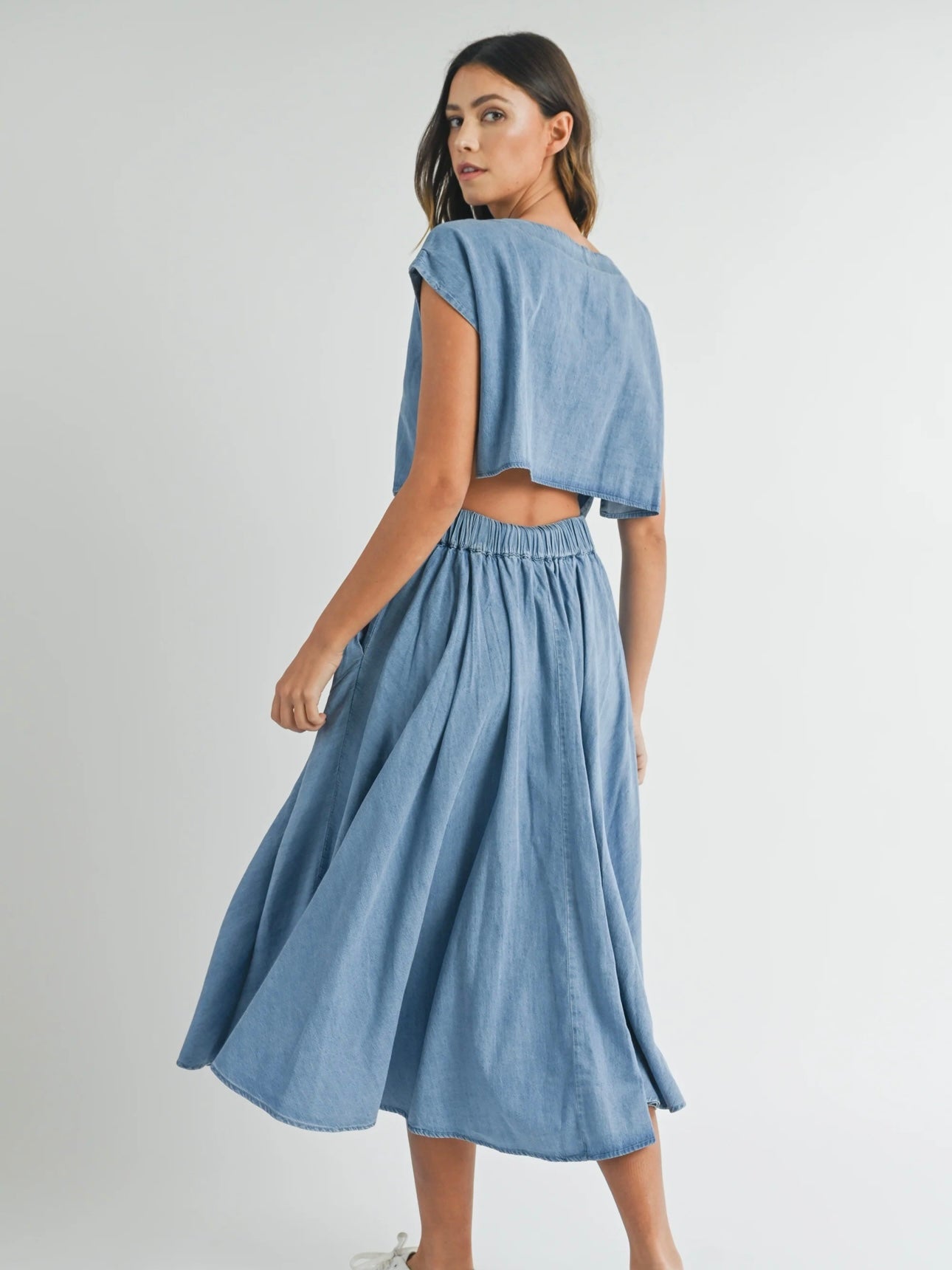 Denim Top and Poplin Pleated Skirt Set