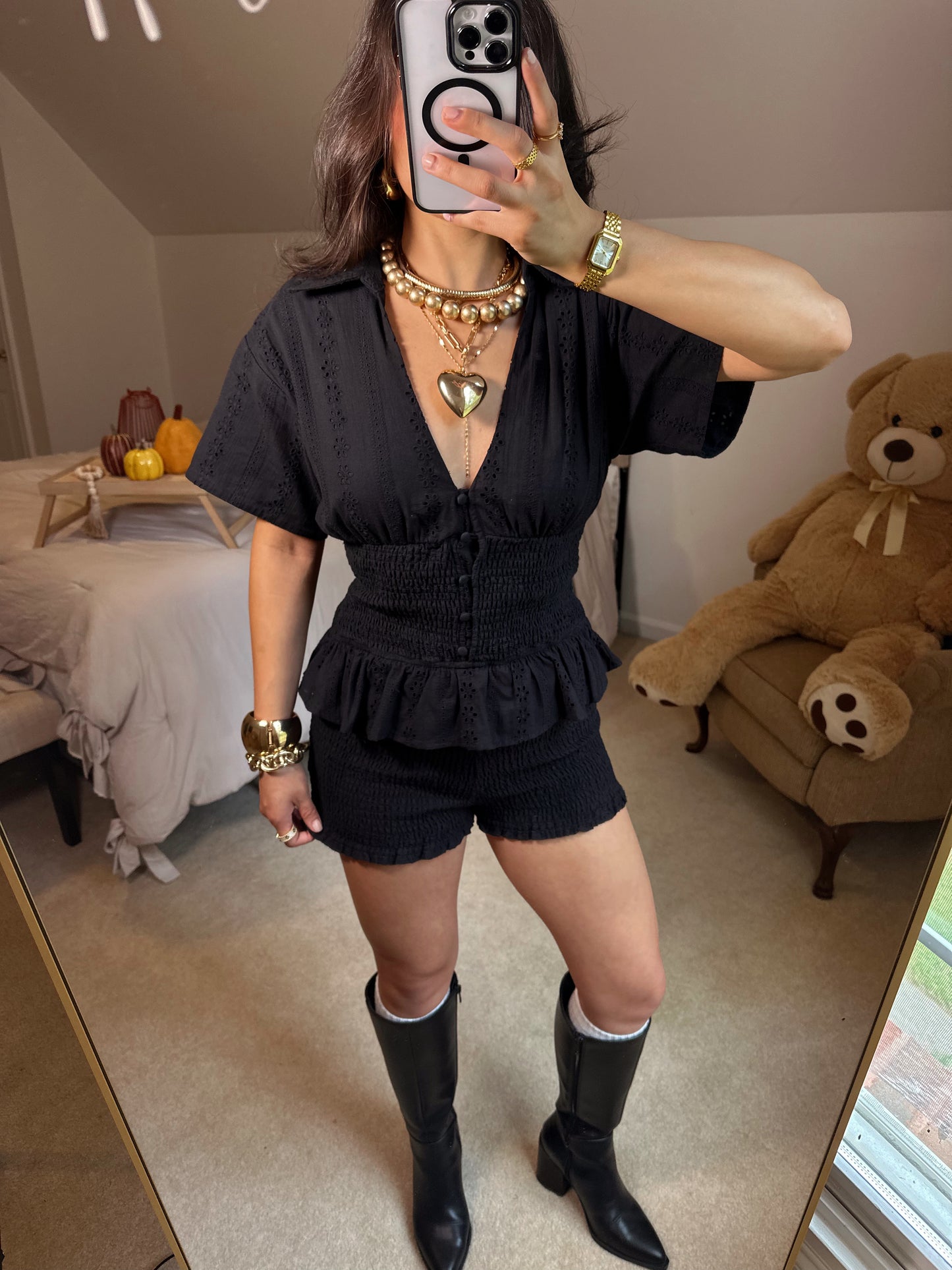 Black Ditsy Floral Smocked Romper