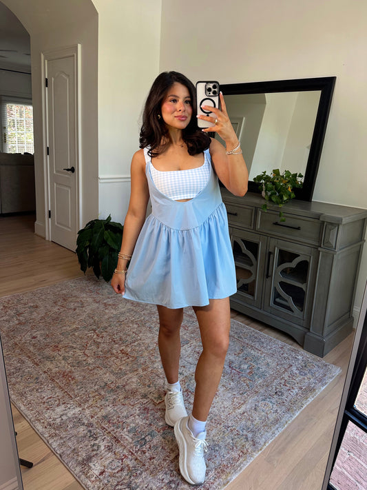 Sky Blue Gingham Active Romper Dress
