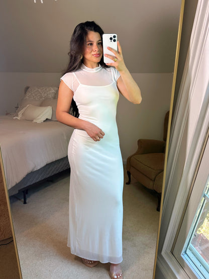 White Mockneck Mesh Maxi Dress
