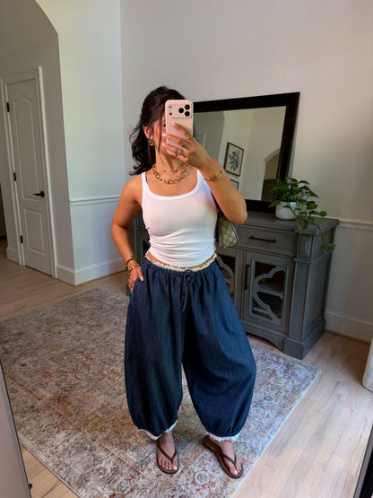 Chic Ease Denim Lace-Trim Pants