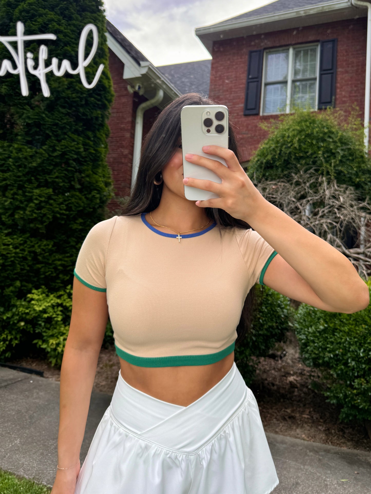 Tan Green & Blue Contrast Cropped Tee