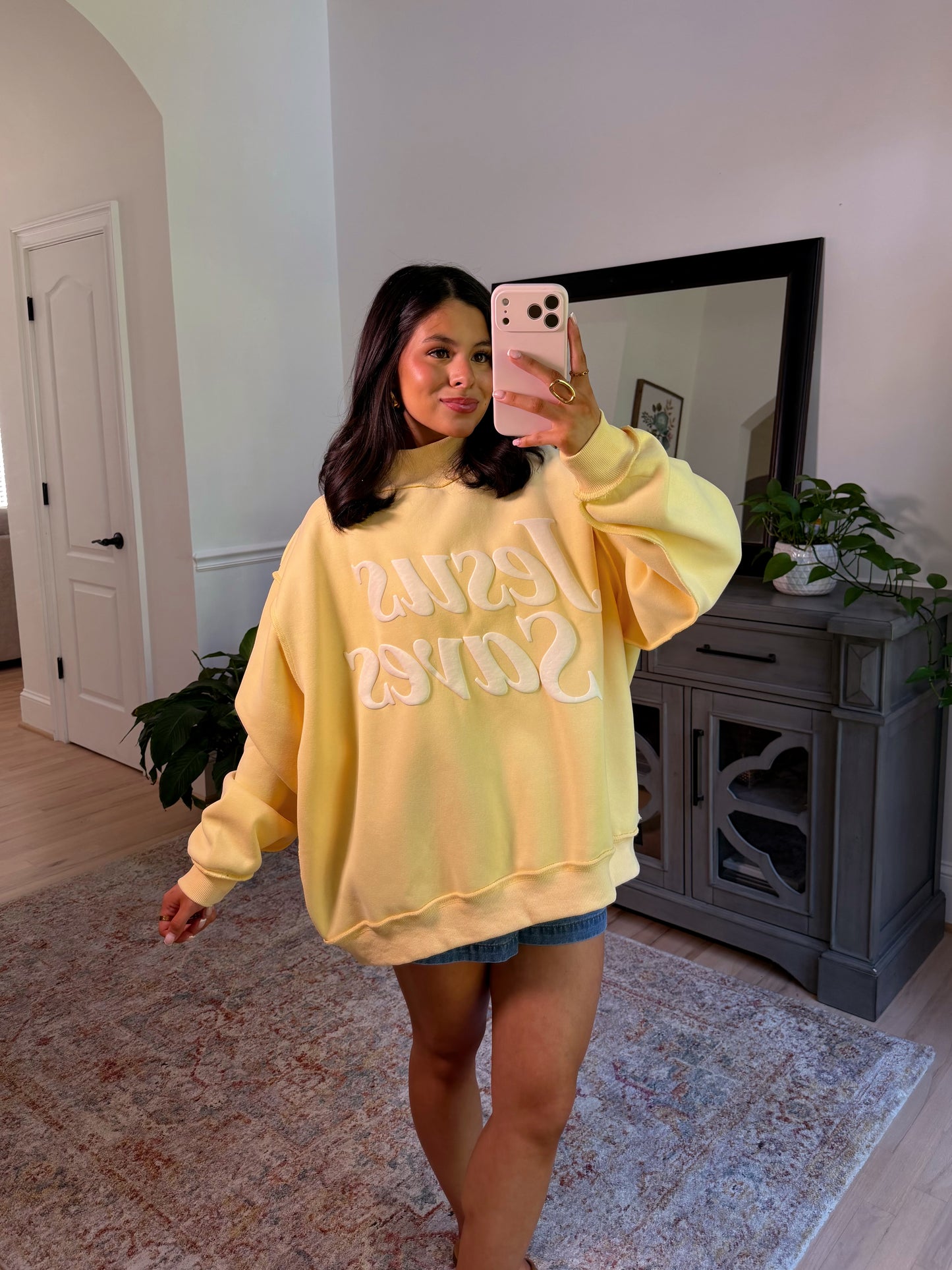 ‘Jesus Saves’ Puff Yellow Mockneck