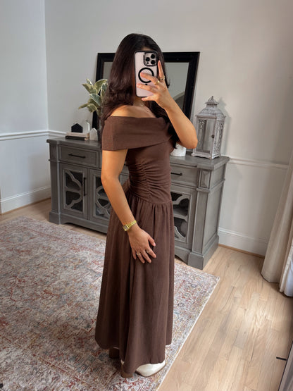 Oakwood Off-Shoulder Drop Waist Dress