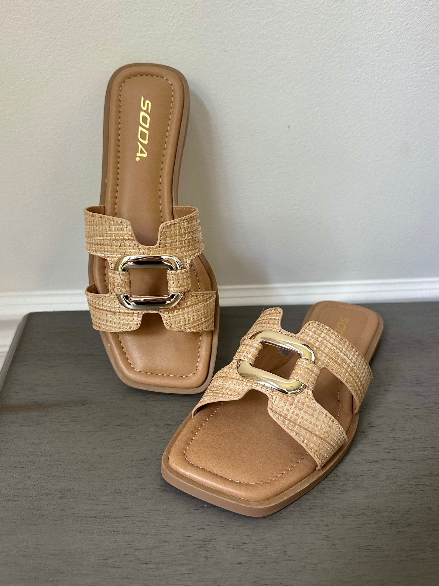 Natural Raffia Woven & Gold Sandal