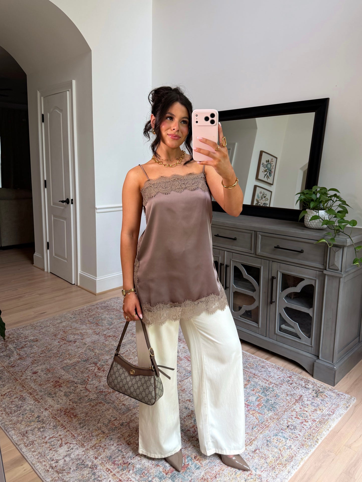 Olive Mocha Lace Satin Top