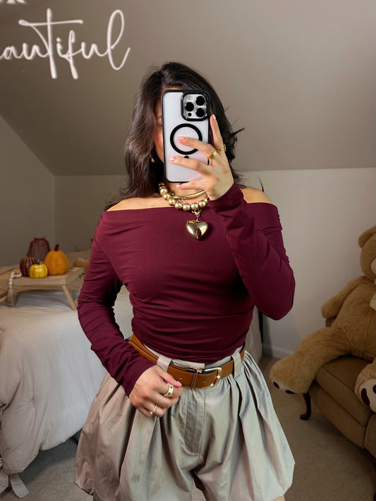 Burgundy Off-Shoulder Ruched Top